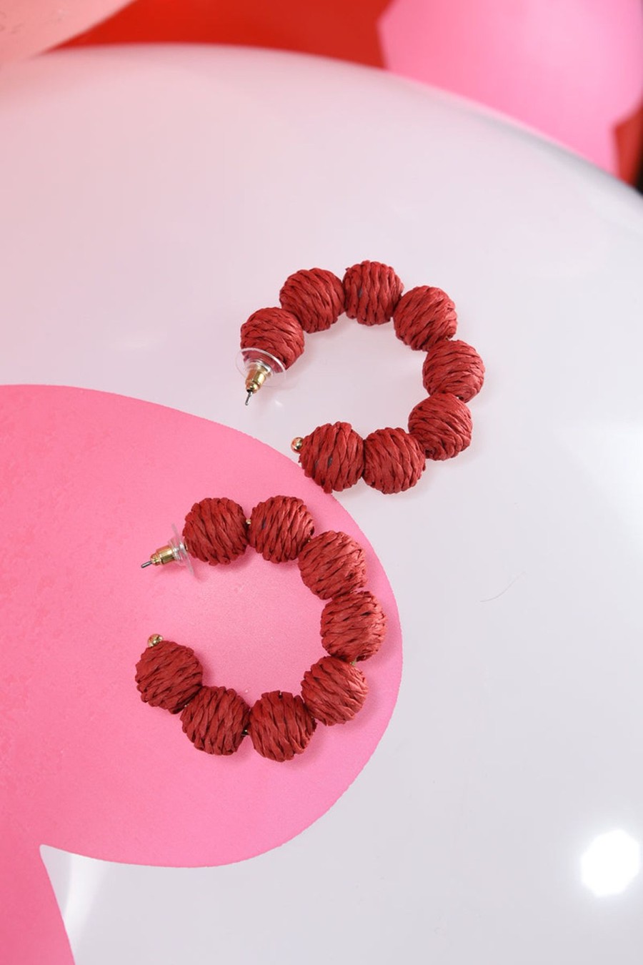 Accessories Dear Stella Boutique | Straw Balled Hoop Earrings -Red