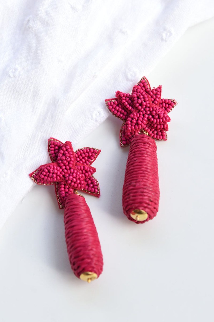 Accessories Dear Stella Boutique | Straw Flower Drop Earrings -Pink