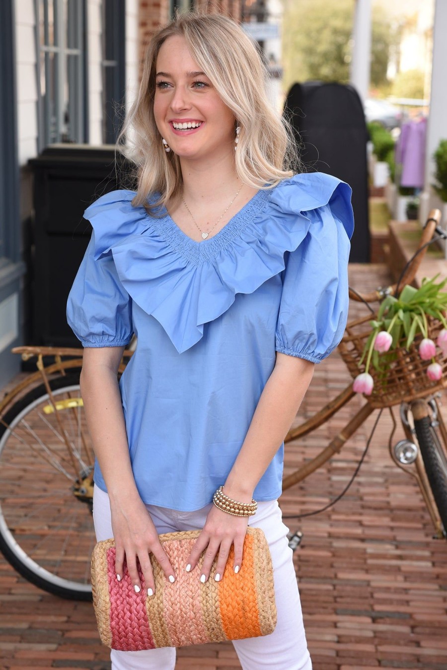 Tops ENGLISH FACTORY | Smocked Ruffle Puff Sleeve Top